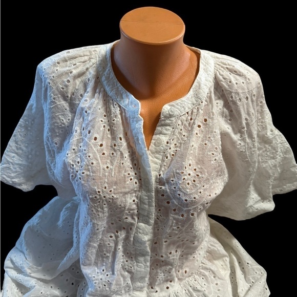 Stitchdrop Womens White Short Sleeve Baby Doll Dress Size Medium Hole Patterned - Picture 11 of 12